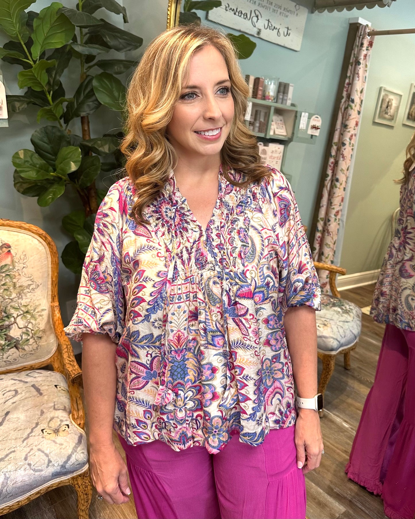 Smocked Neck Floral Paisley Boho Top