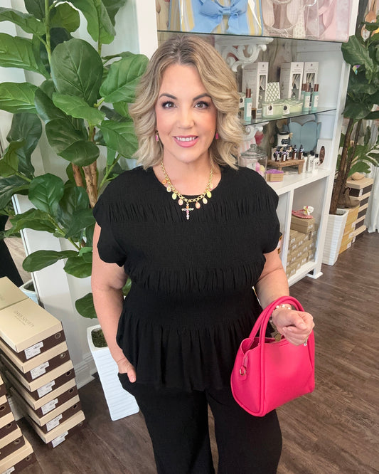 Black Linen Blend Smocked Peplum