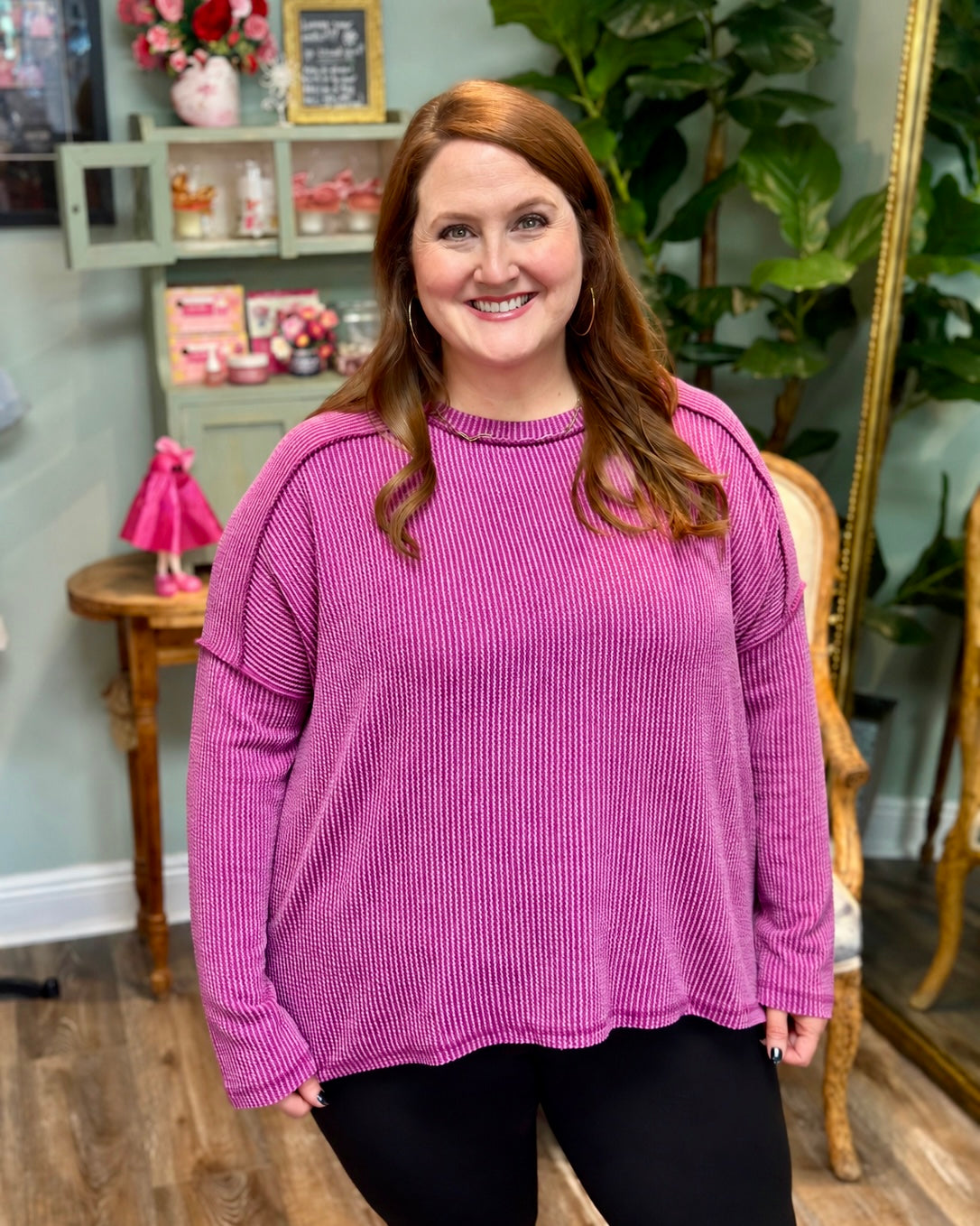 Ribbed Boat Neck Long Sleeve Top