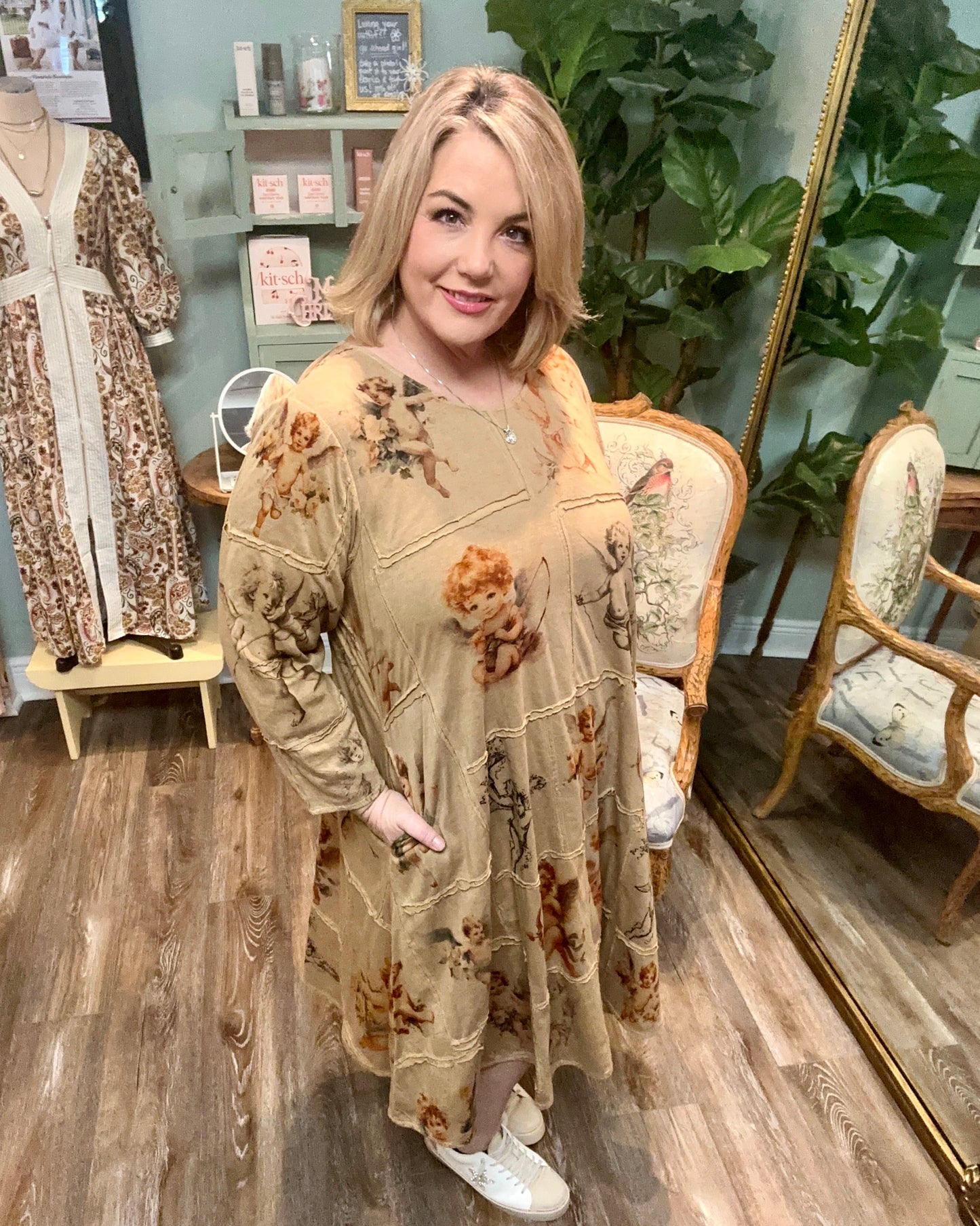 Angel Print Patchwork Dress - Natural Tea