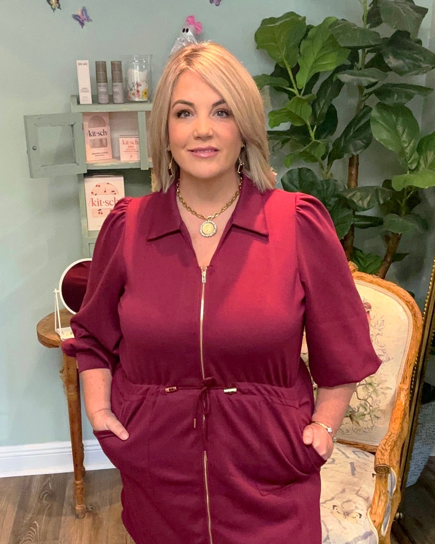 LS Zip Up Tie Waist Dress