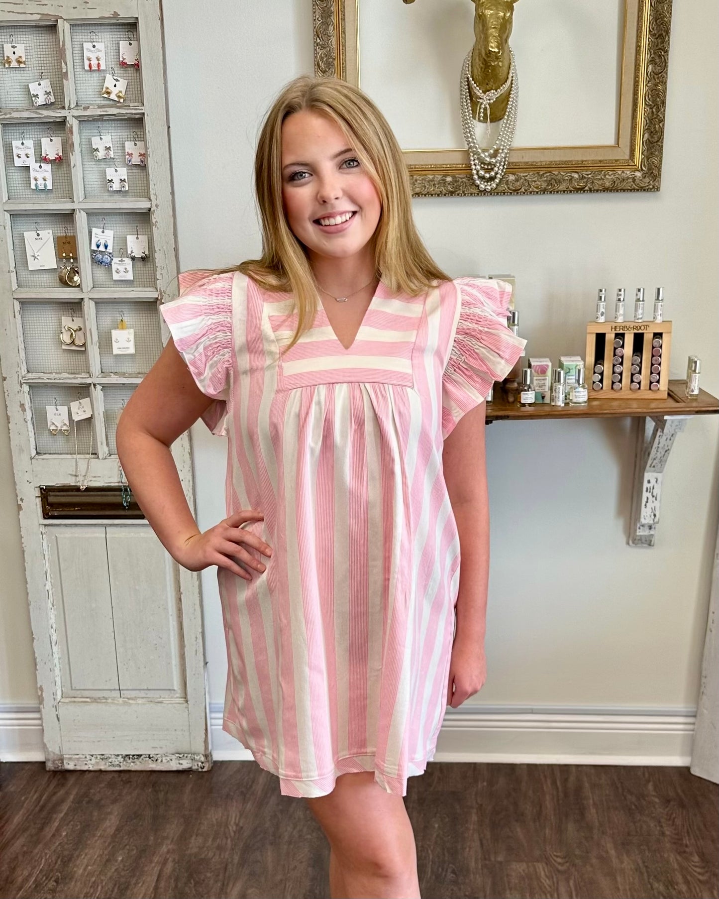 Pink Stripe Ruffle Sleeve Dress