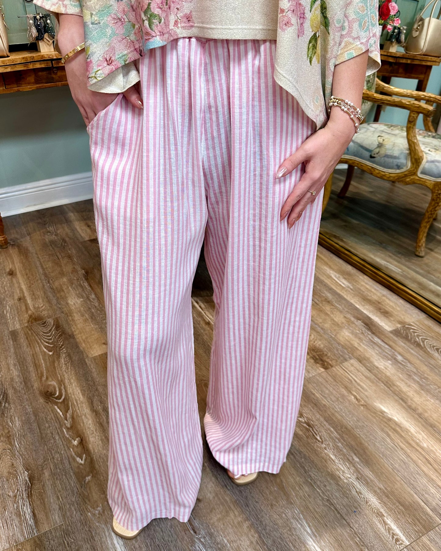 Striped Elastic Waist Italian Linen Pant