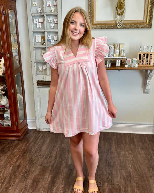Pink Stripe Ruffle Sleeve Dress