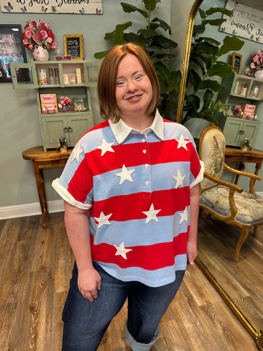 Star Embroidered Striped Top