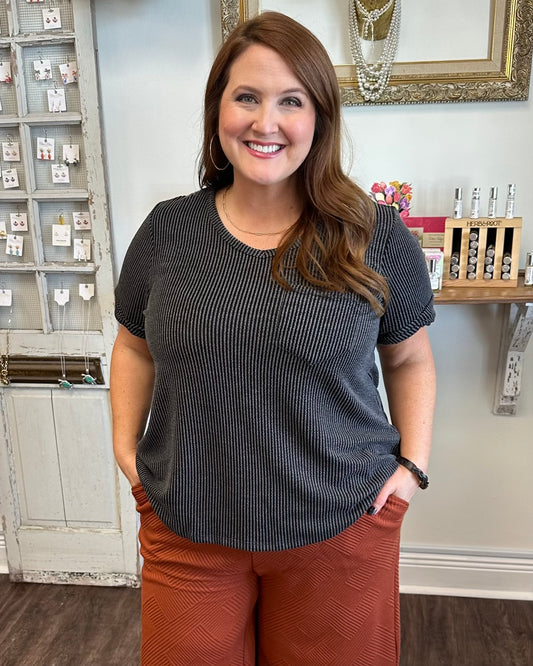 Ribbed V-Neck Pocket Top