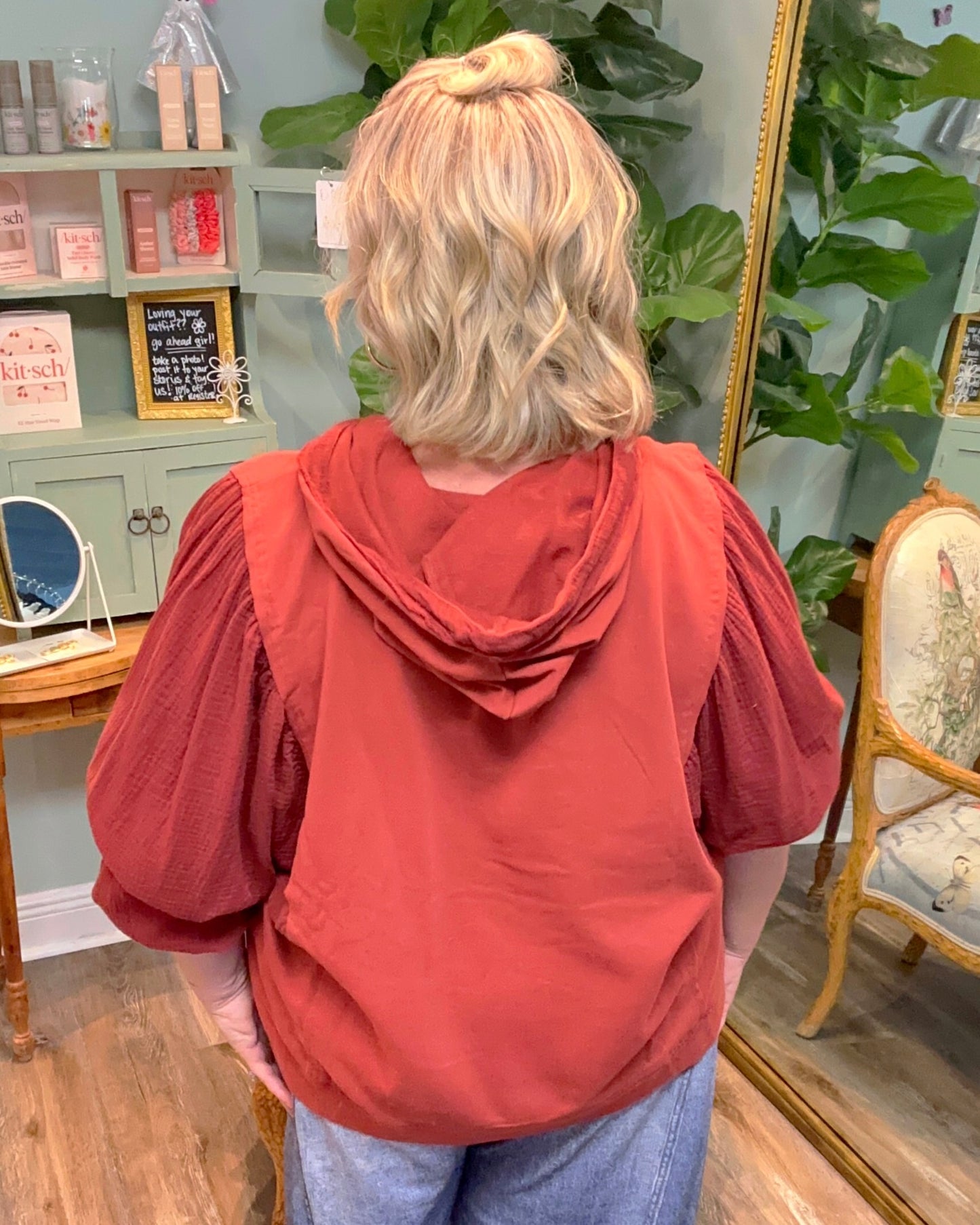 Washed Hooded Sweatshirt with Gauze Sleeve