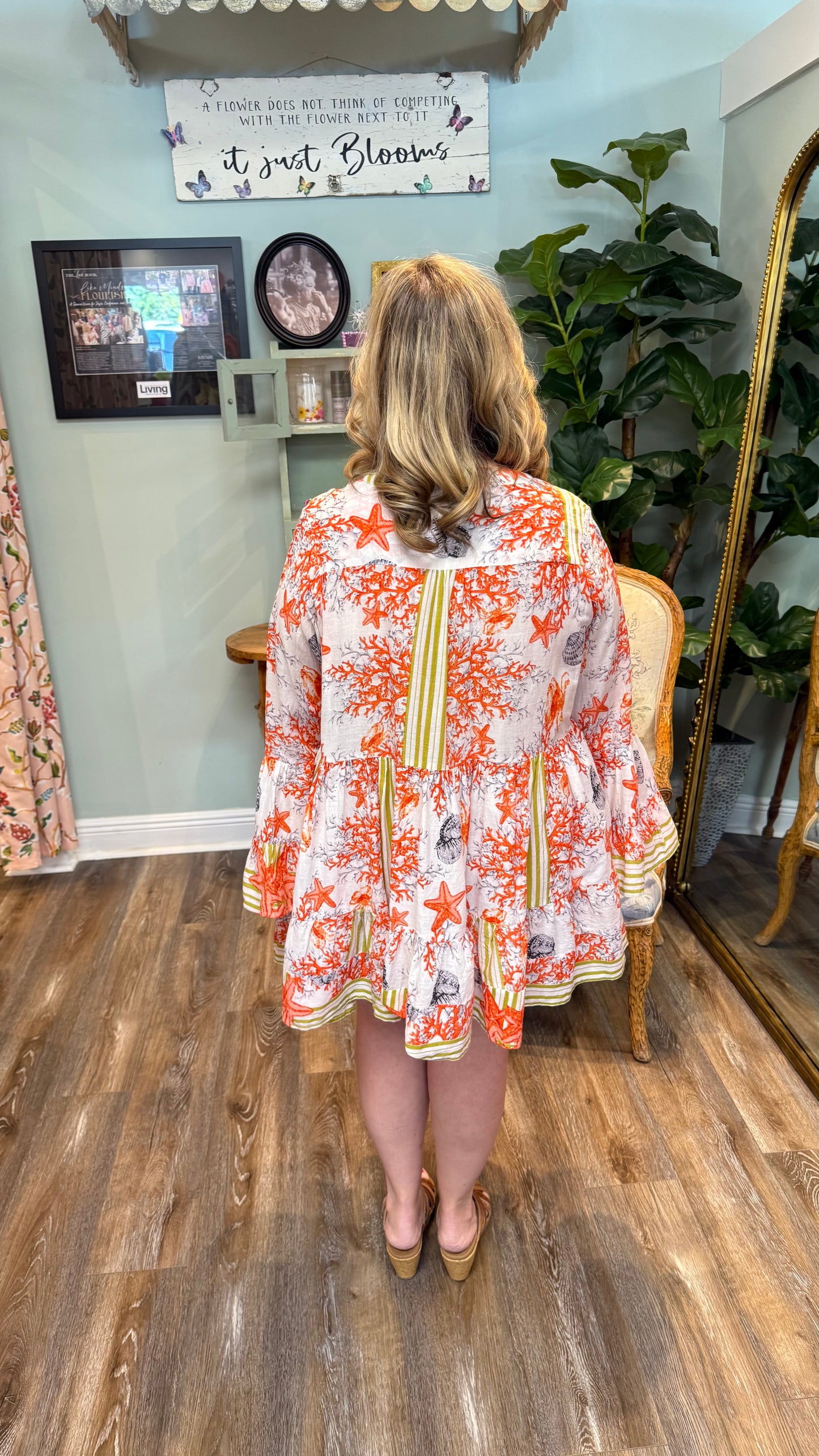 Ivory and Coral Coastal Print Dress