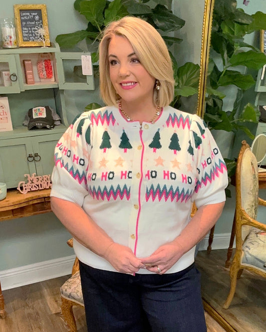 Festive Crew Neck Button Up - Plus