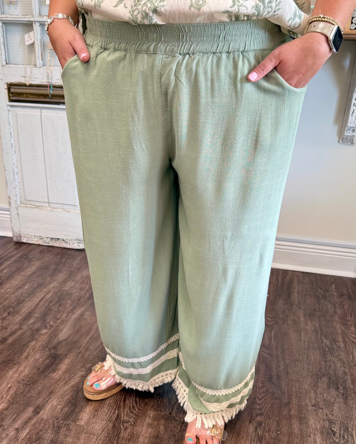 Sage Lace Trim Fringe Hem Pant