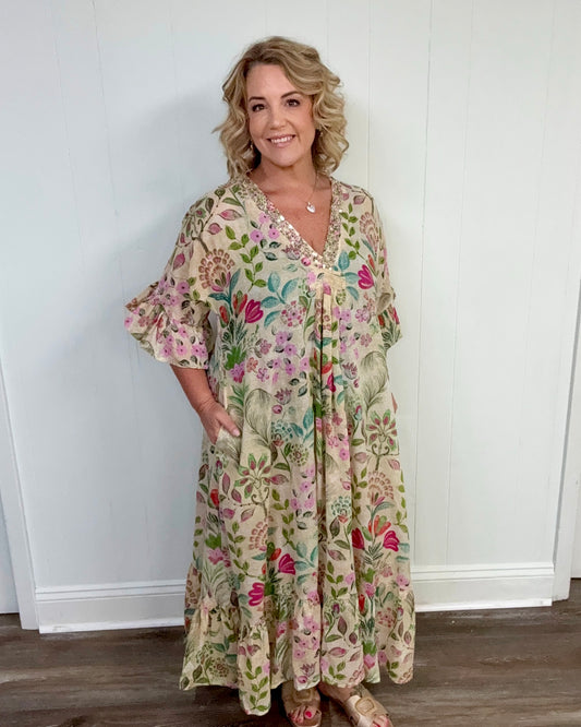 Vanilla Floral Print Maxi Dress