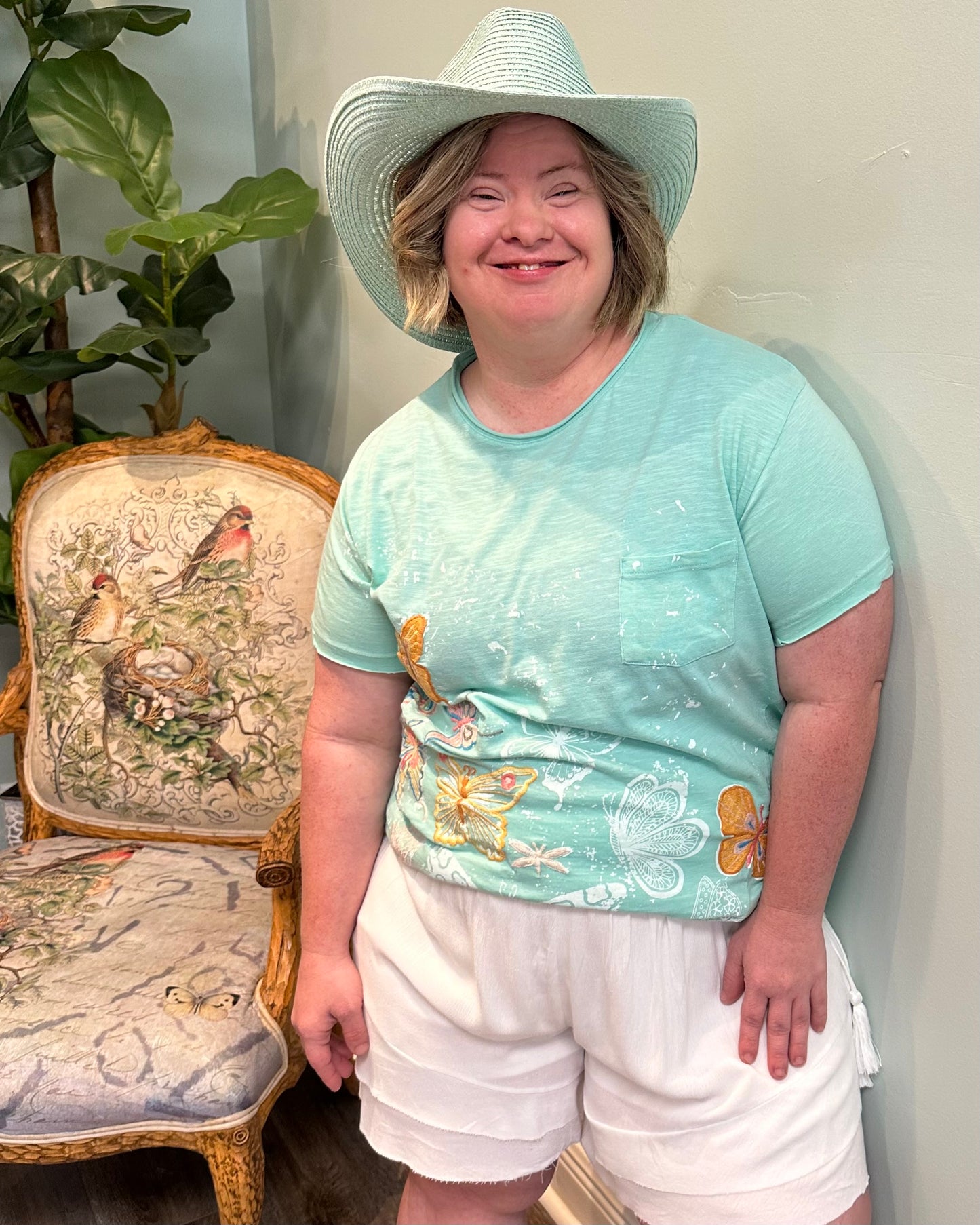 Embroidered Butterfly Cotton Tee – Turquoise