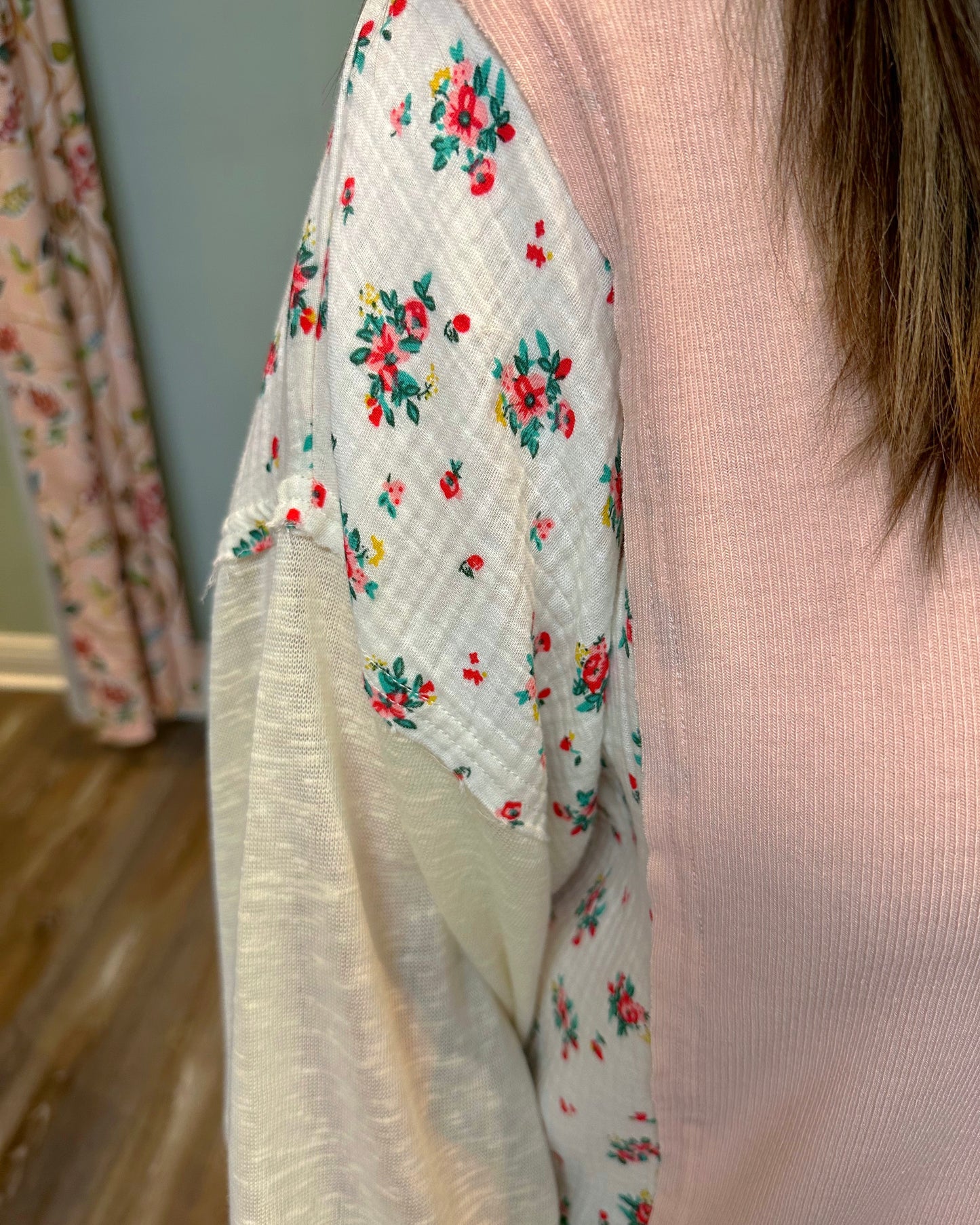 Oversized V-neck Patchwork Top - Blush Pink