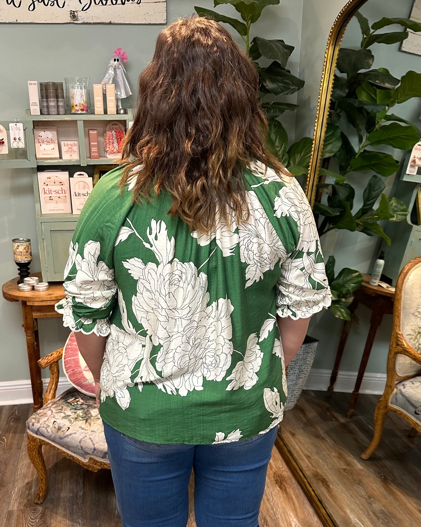Green and Ivory Floral V-neck Top