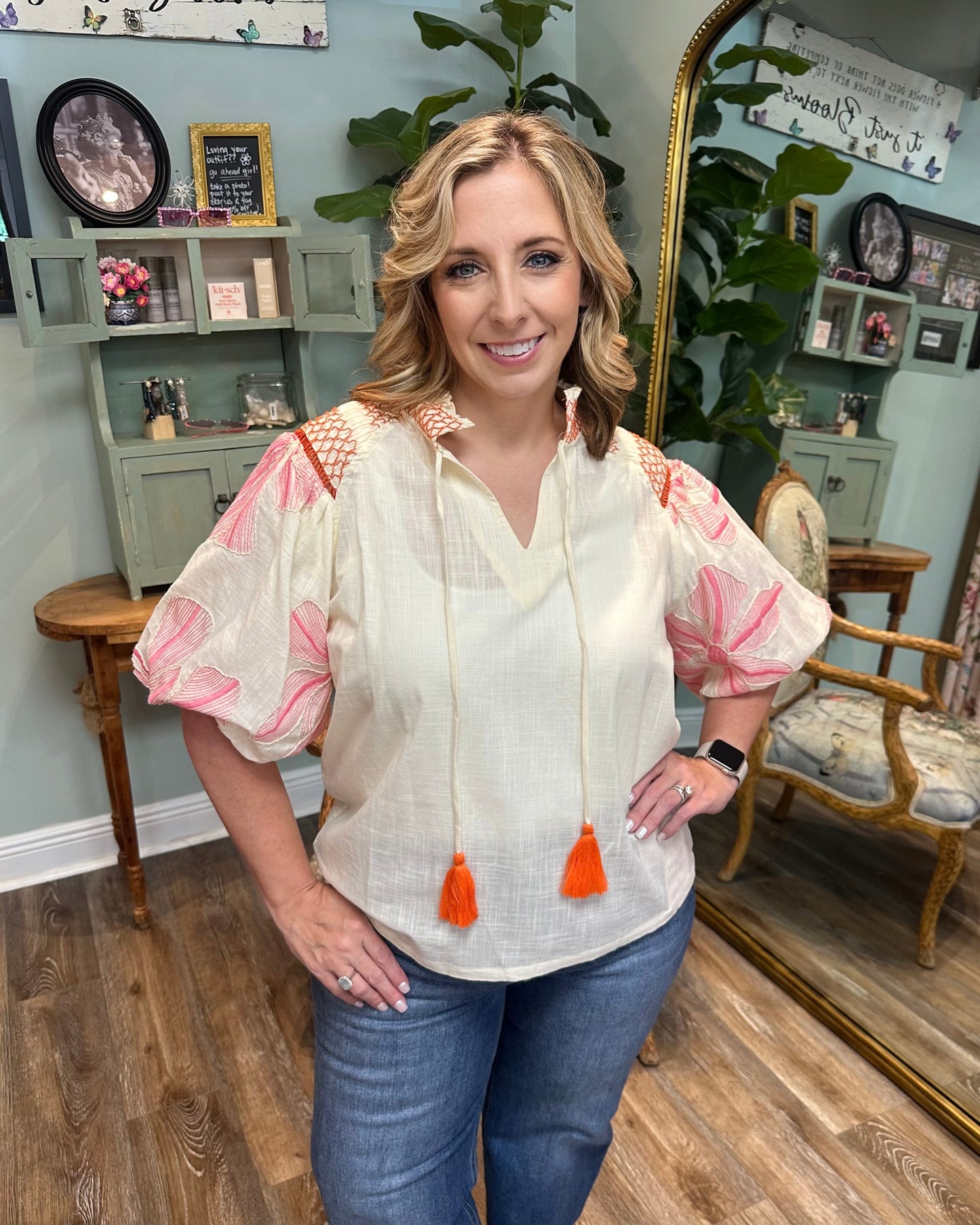Cream Floral Embroidery Smoked Neck Top