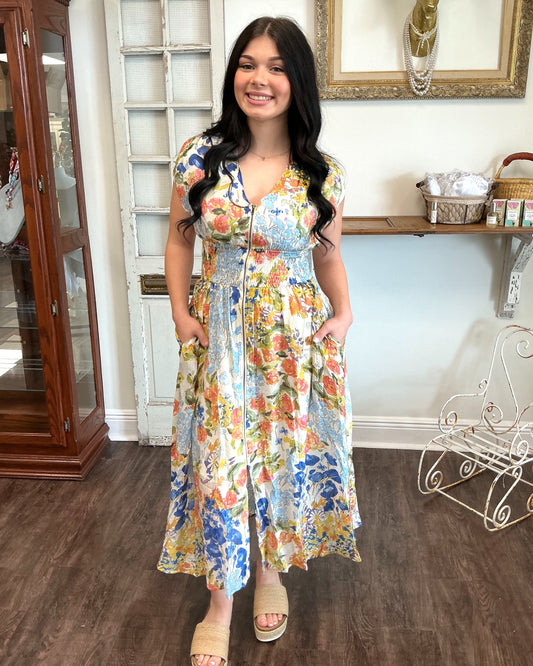 Floral Midi Dress with Front Zipper