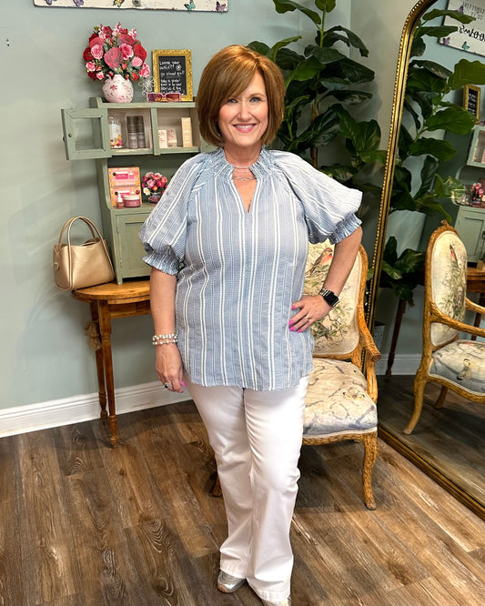 Gingham Embroidered Stripe Detail Top