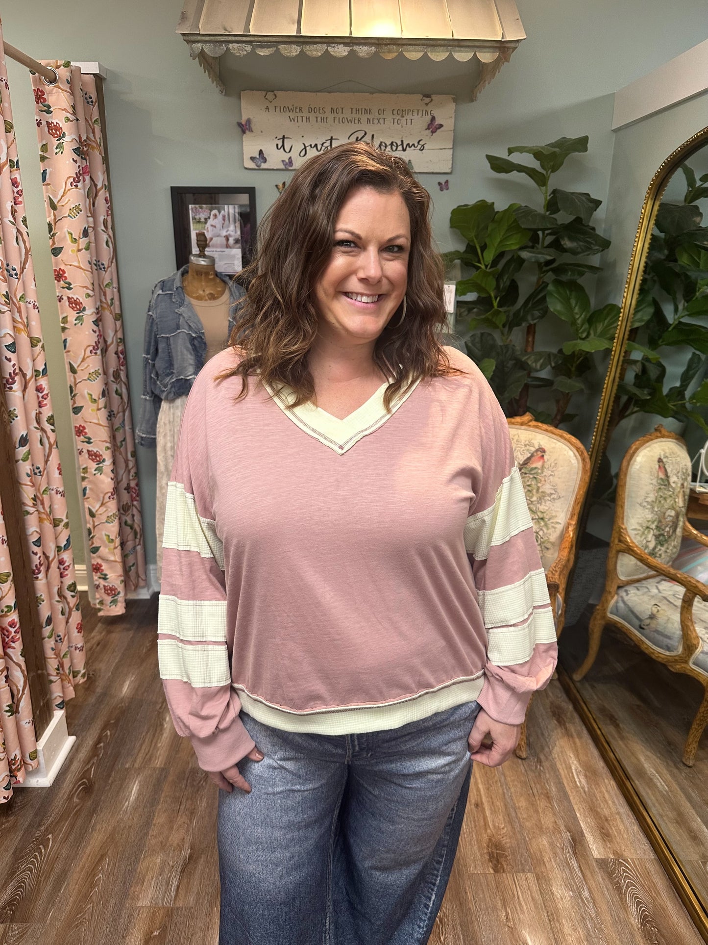 Blush Rose V-neck LS Pullover