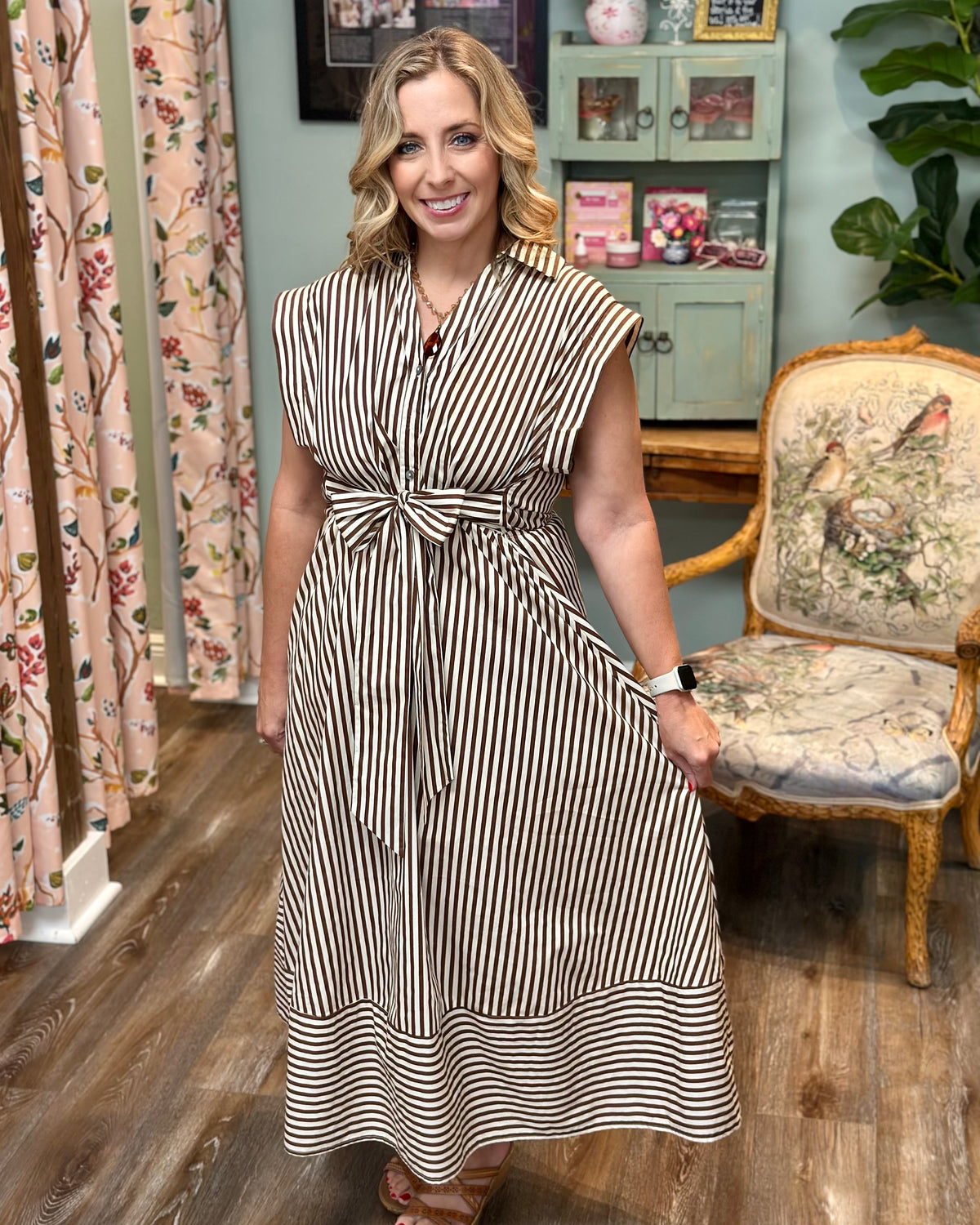 Brown Stripe Tie Waist Dress