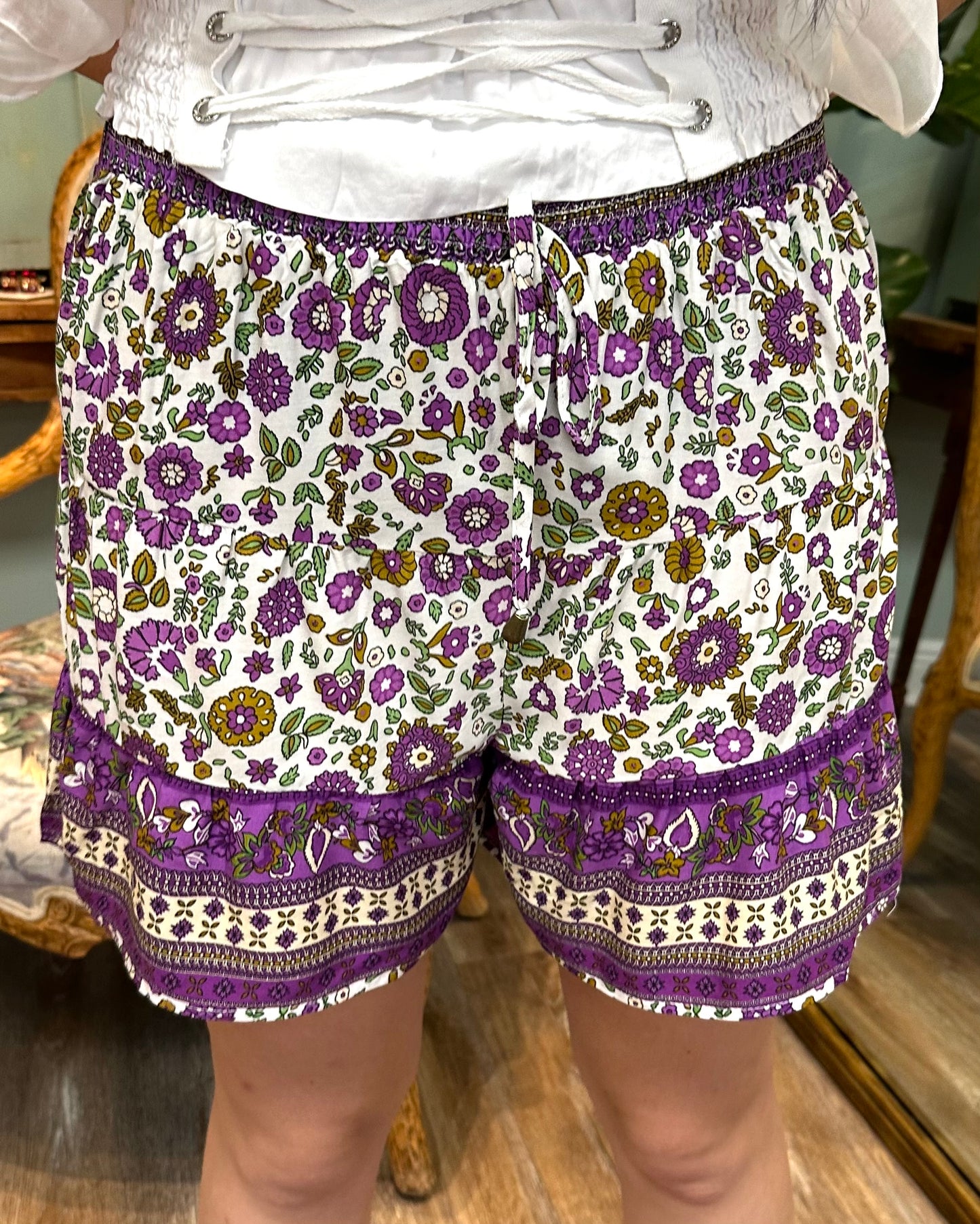 Purple Mix Tiered Elastic Waist Shorts