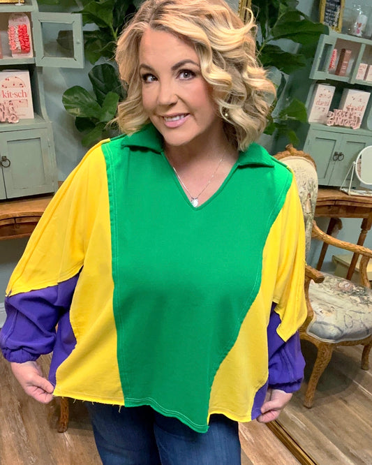 Raw Hem V Neck Mardi Gras Top