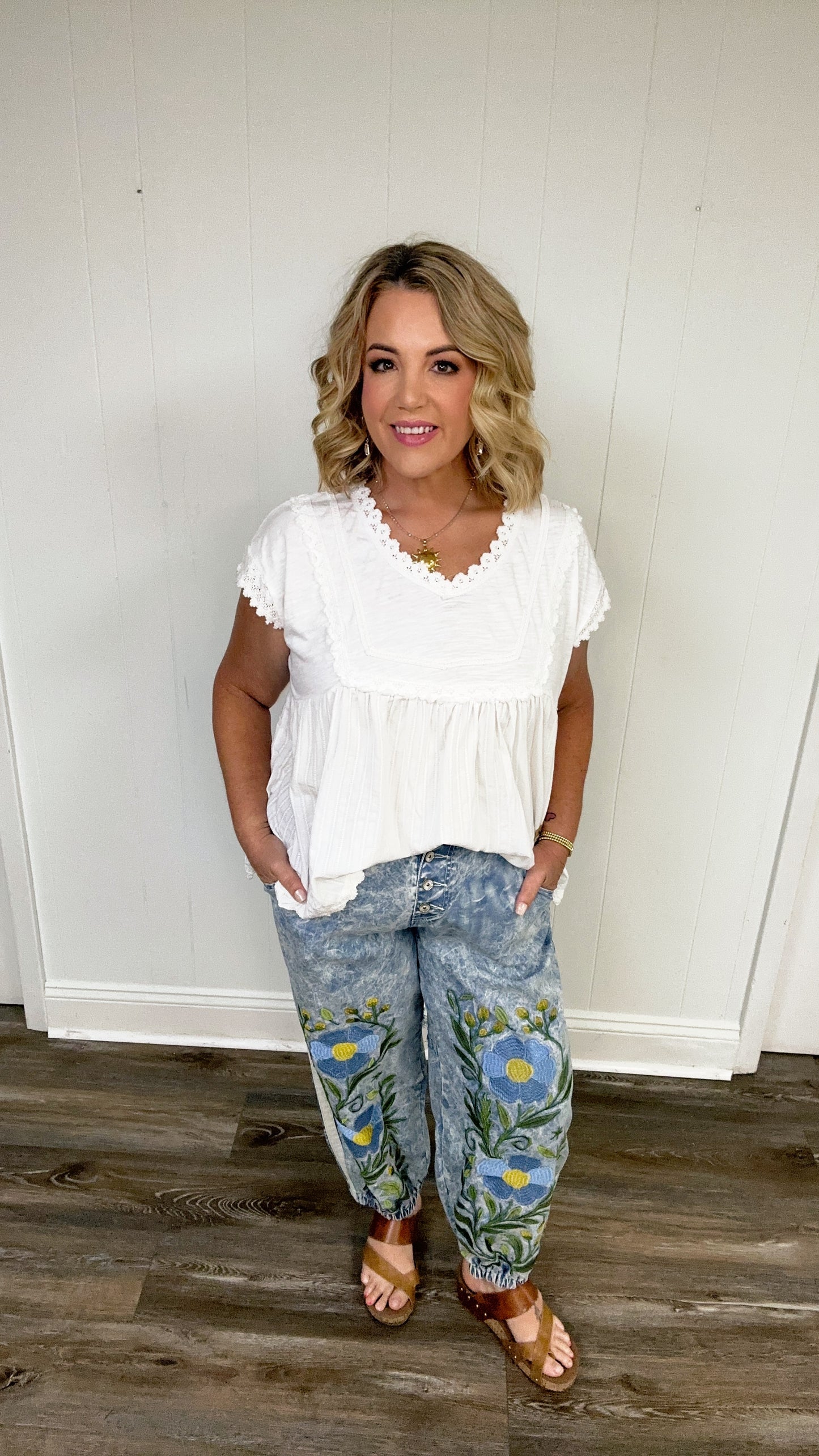 Light Denim Joggers with Embroidered Flowers