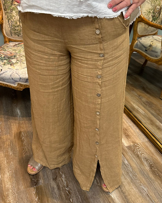 Camel Linen Pants with Buttons