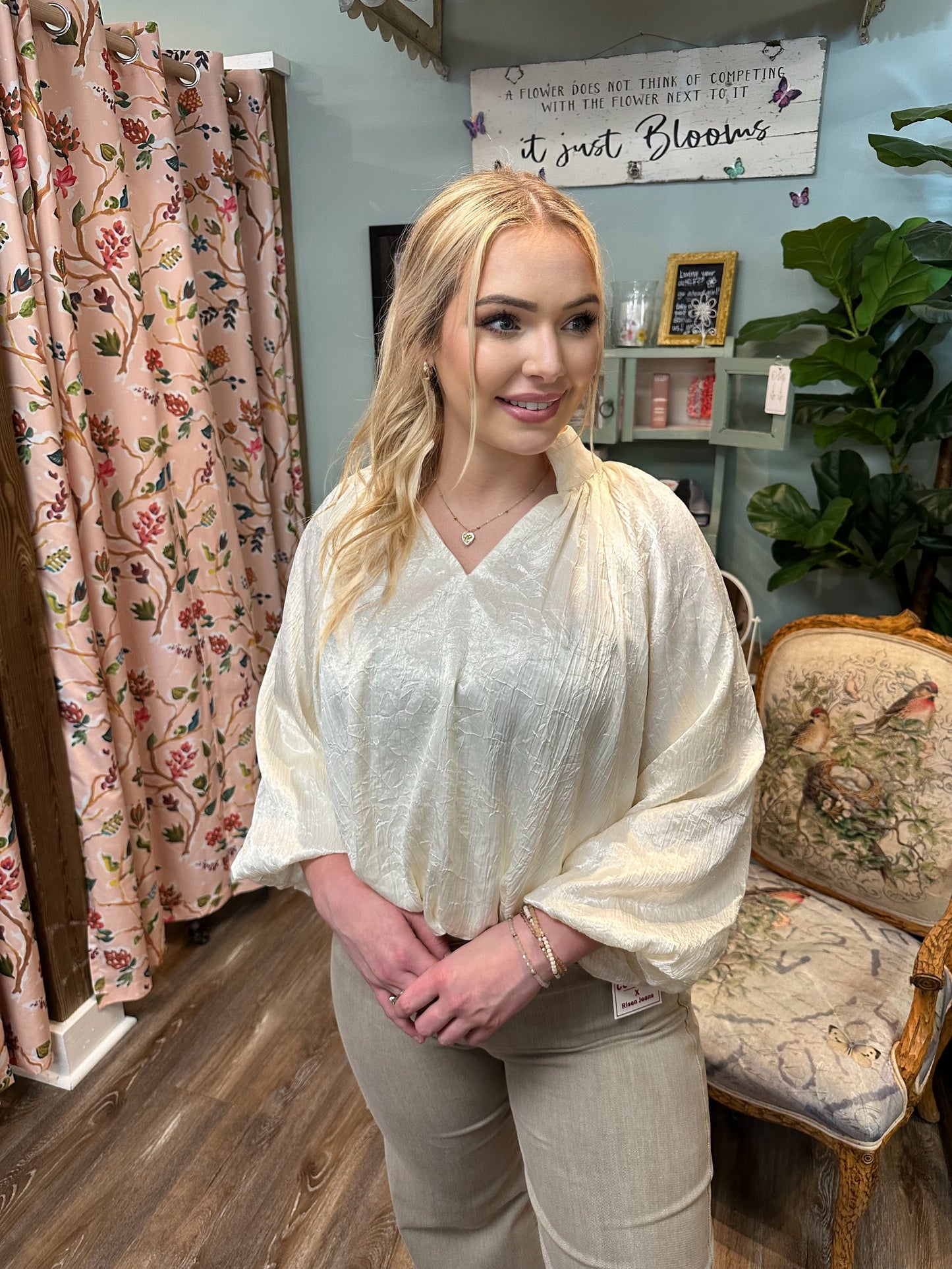 Cream Elastic Waist Bubble Top