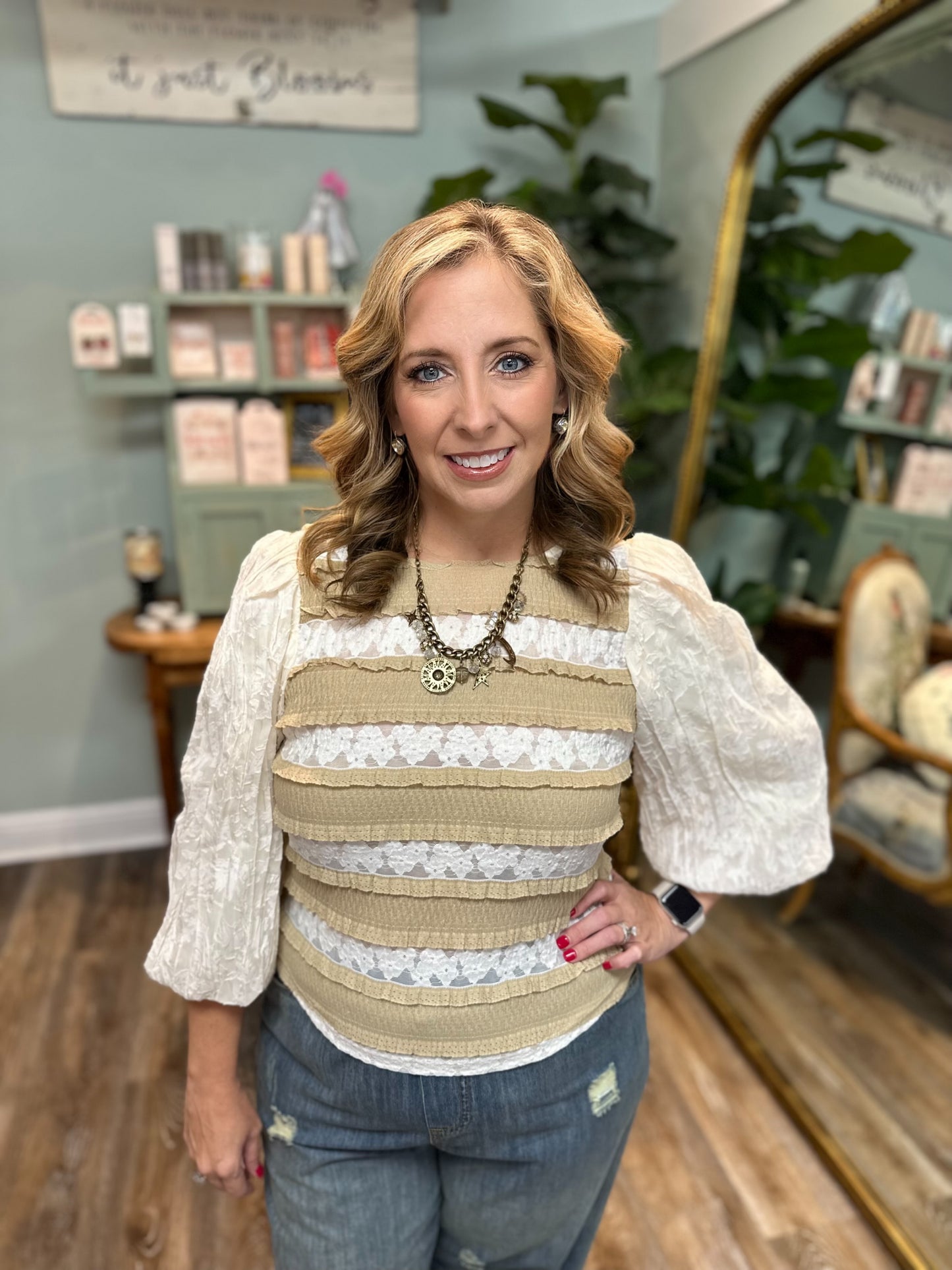 Beige and Cream Lace Puff sleeve Top