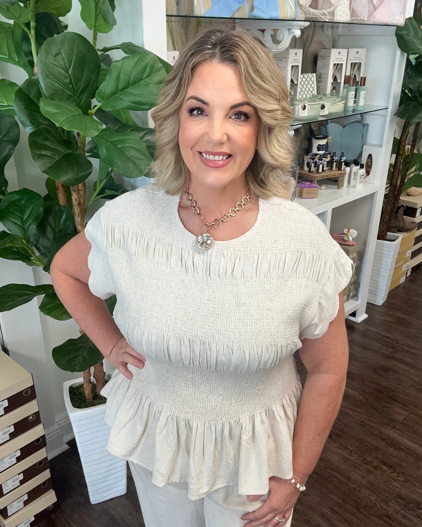 Linen Blend Smocked Peplum