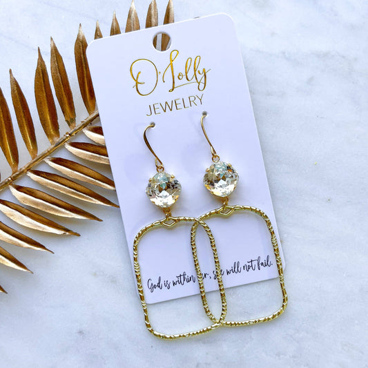 Clear Stone w/Gold Textured Rectangle Earrings