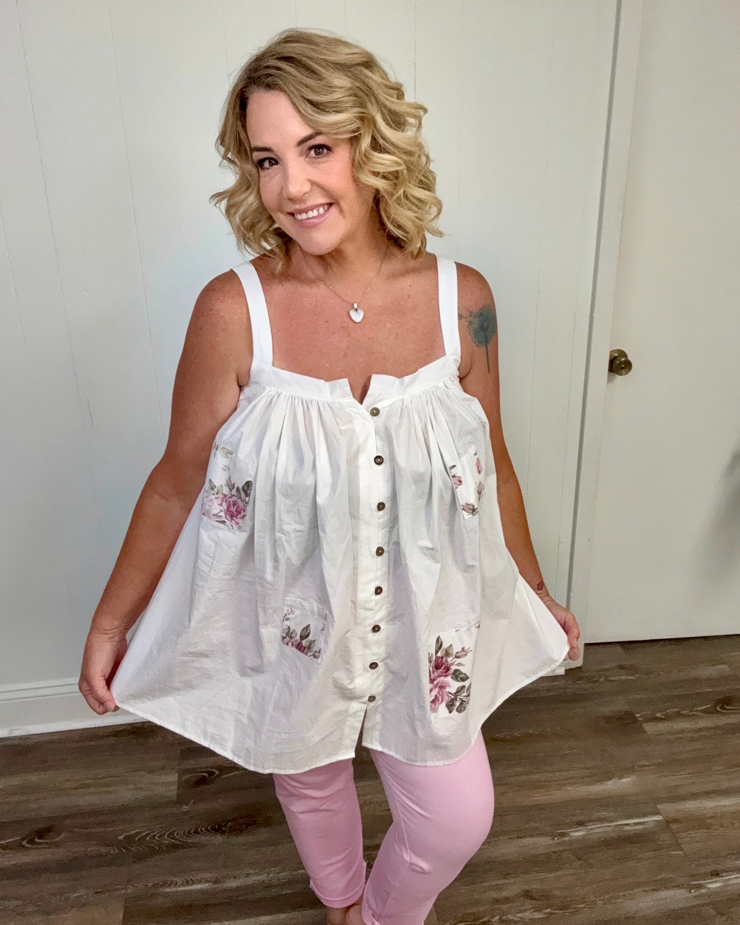 White Sleeveless Button Down Top with Flower Patches