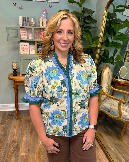 Green and Blue Floral Detail Ruffle Collar Top