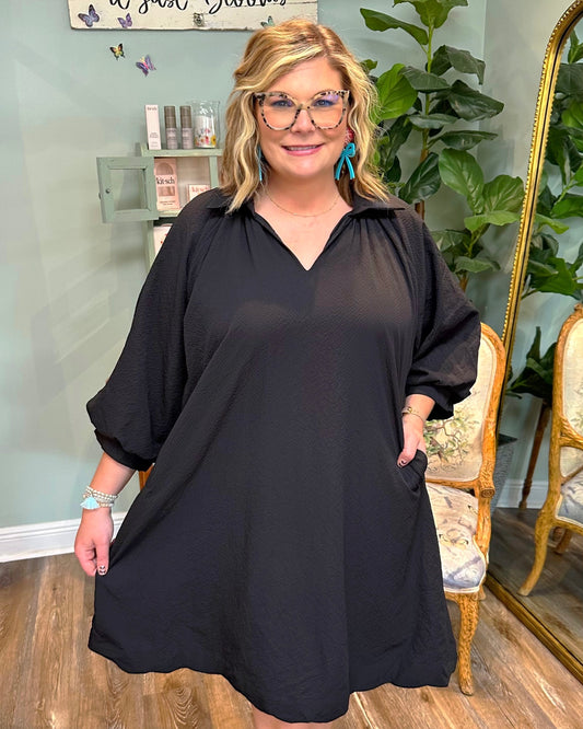 Black Textured LS Midi Dress