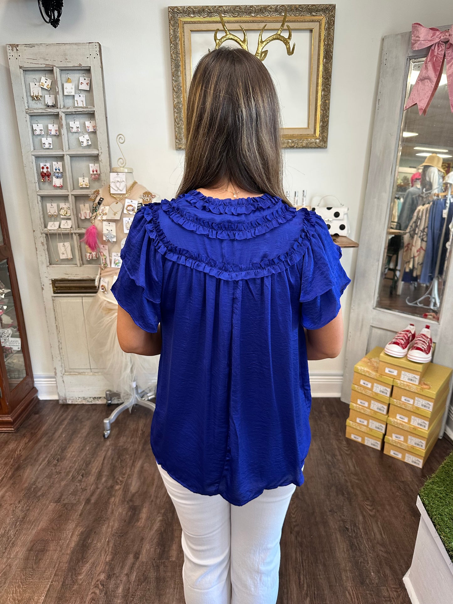 Royal Blue Satiny Ruffle Sleeve Top
