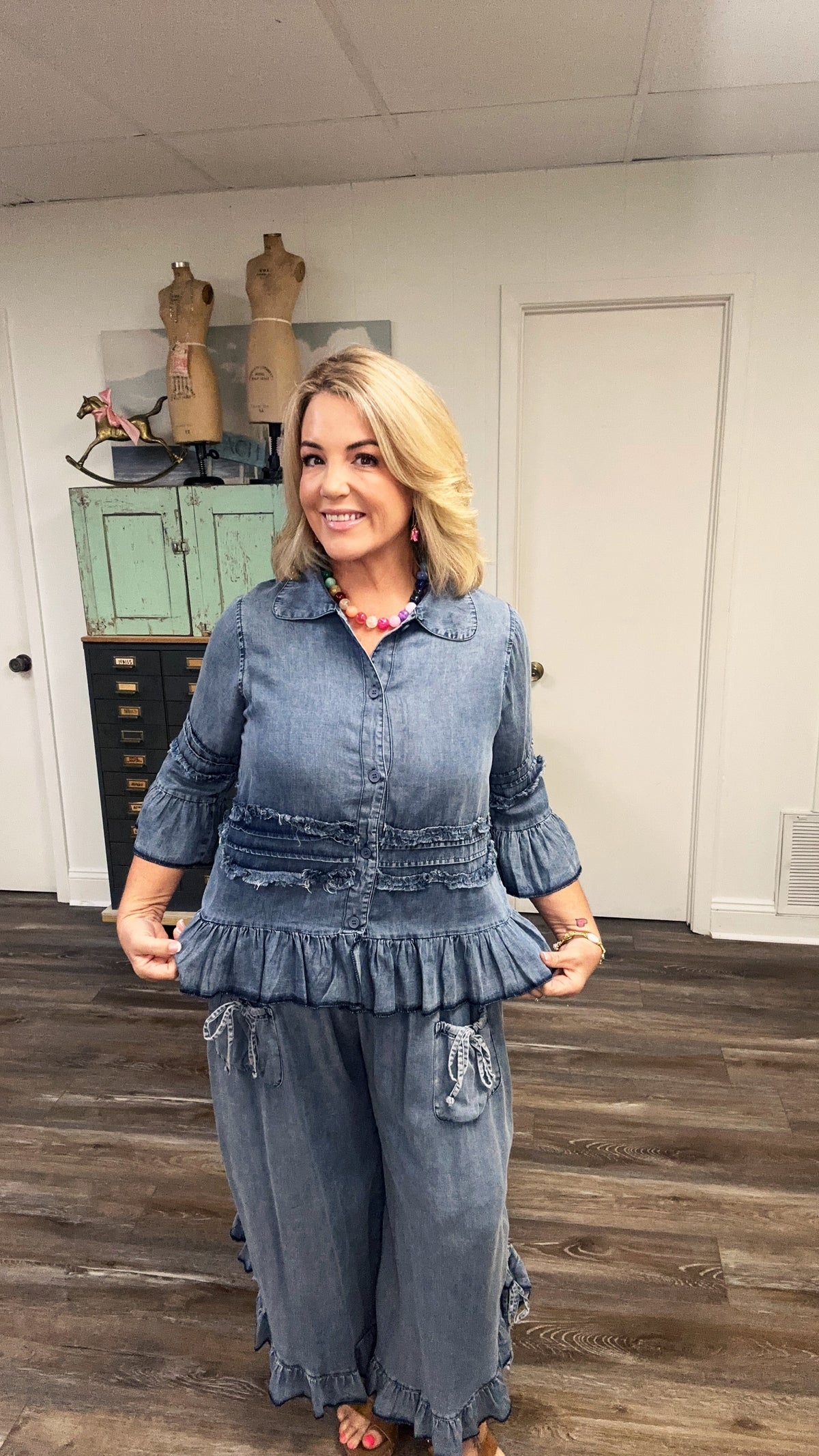 Chambray Shacket with Ruffles