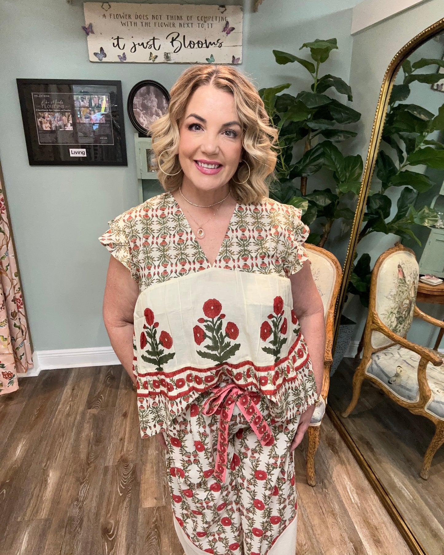 Cream and Red Multi Print Flutter Sleeve