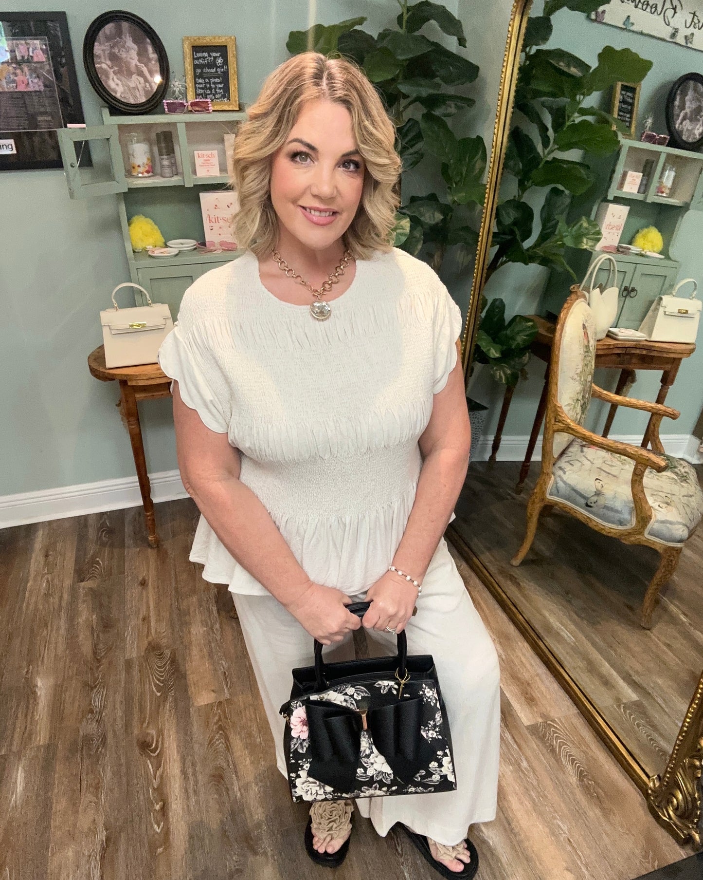 Linen Blend Smocked Peplum