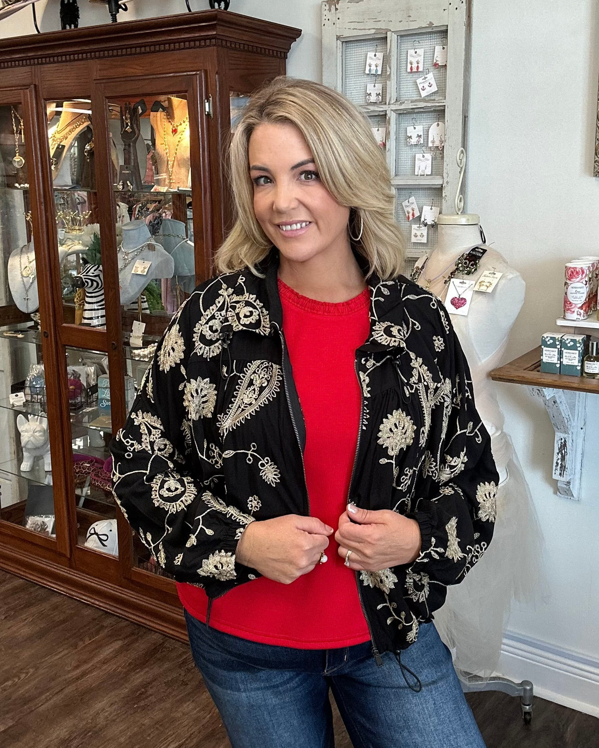 Black Raglan Jacket with Gold Embroidery