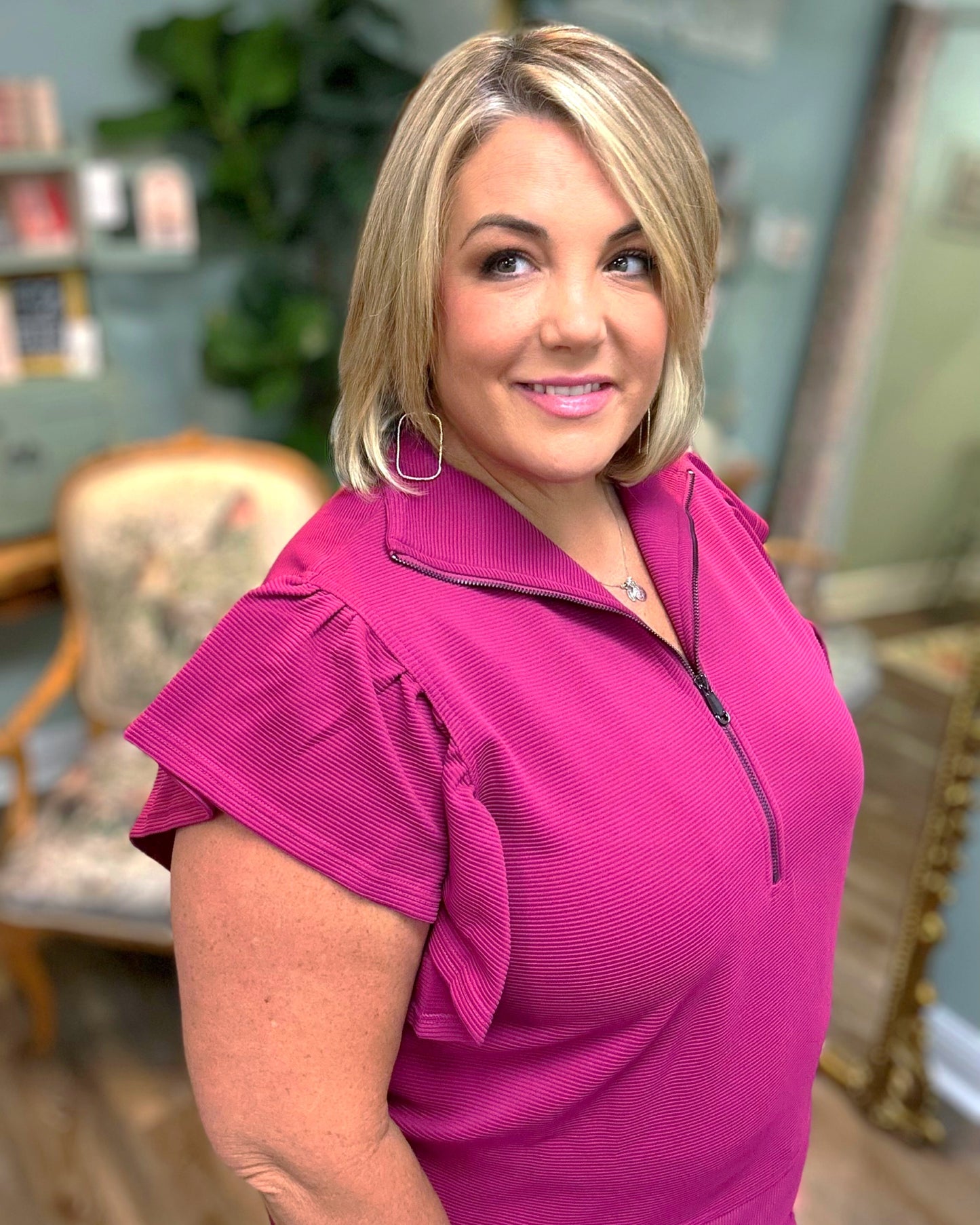 Magenta Textured Top with Zipper