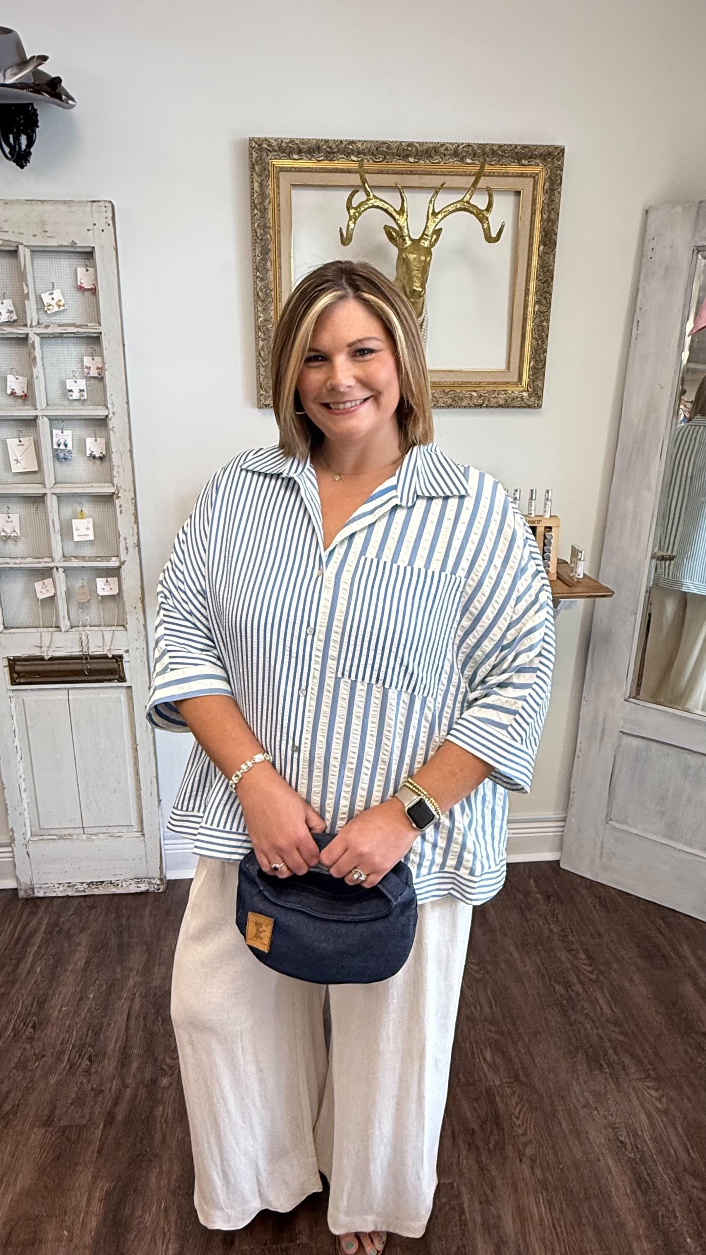 Mixed Stripe Oversized Button Down Top