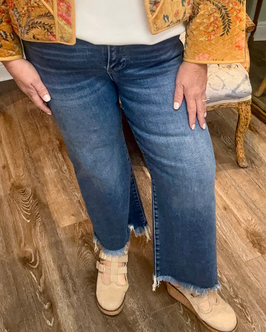 Risen Mid Rise Frayed Hem Straight Jean