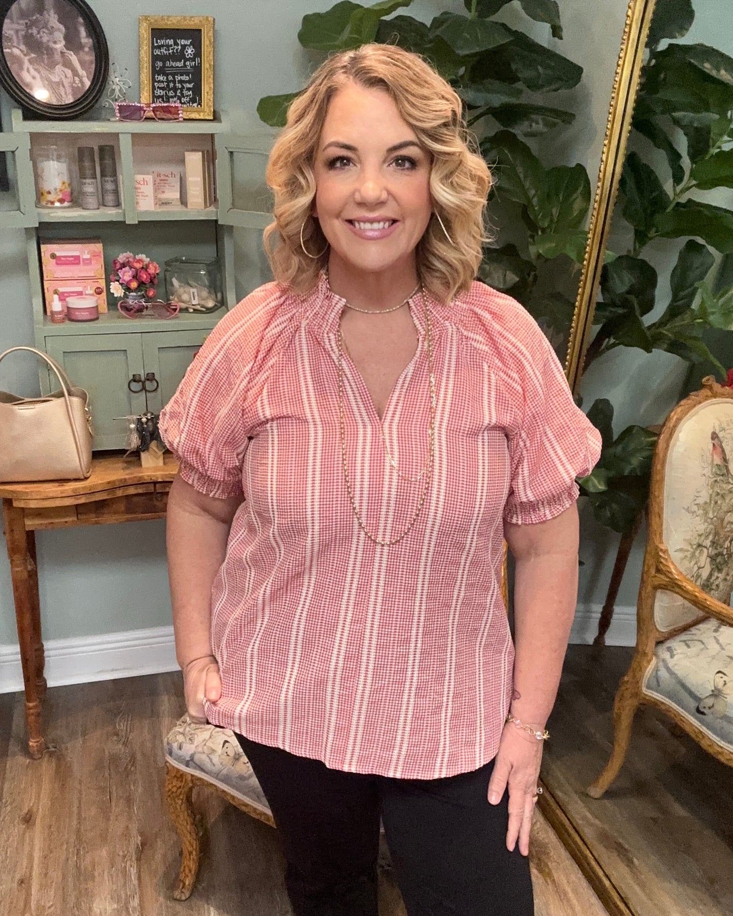 Gingham Embroidered Stripe Detail Top