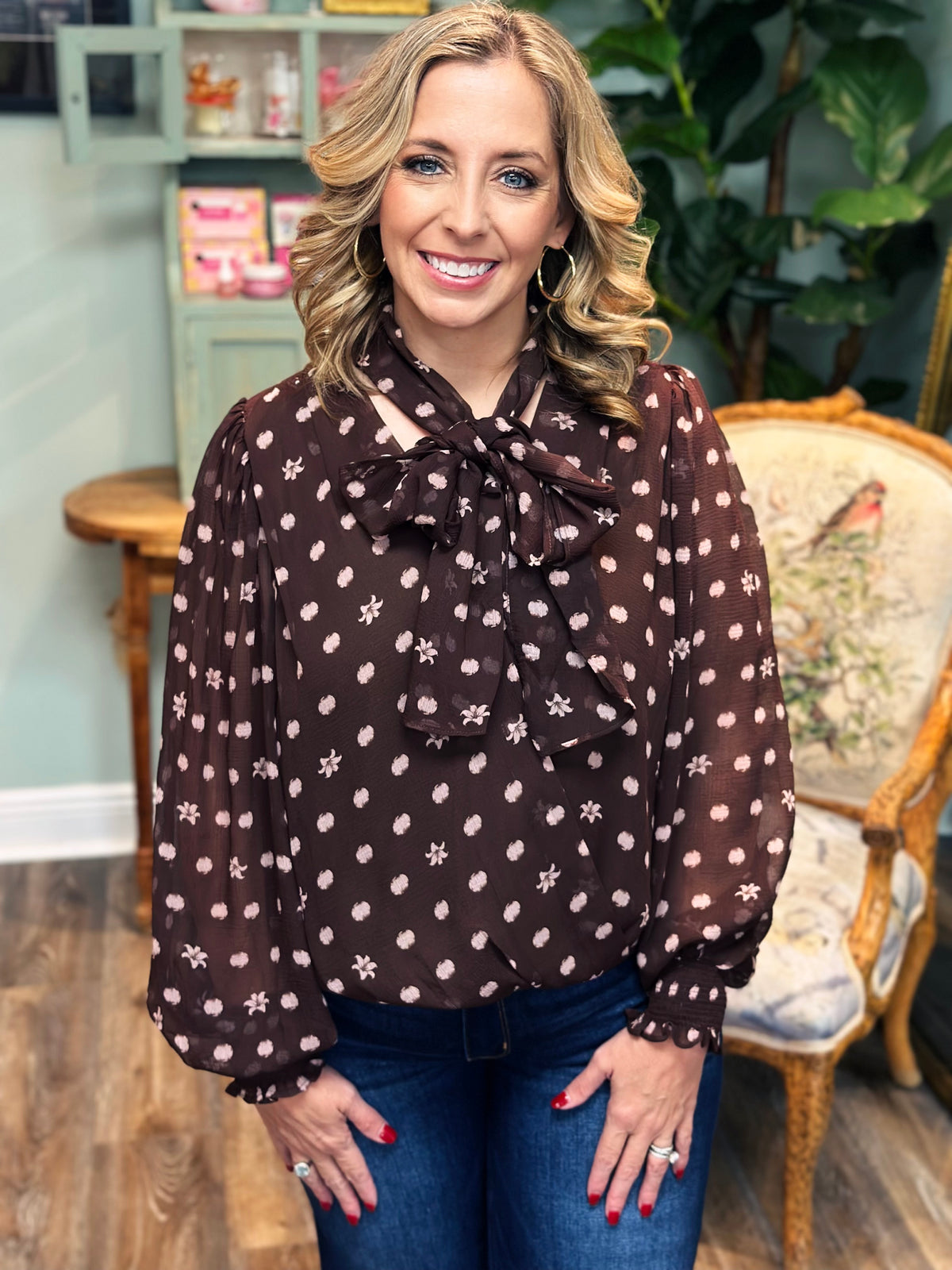 Brown & Pink Balloon Sleeve Blouse