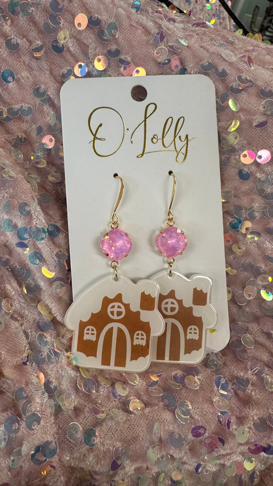 Gingerbread House Earrings with Pink Stone