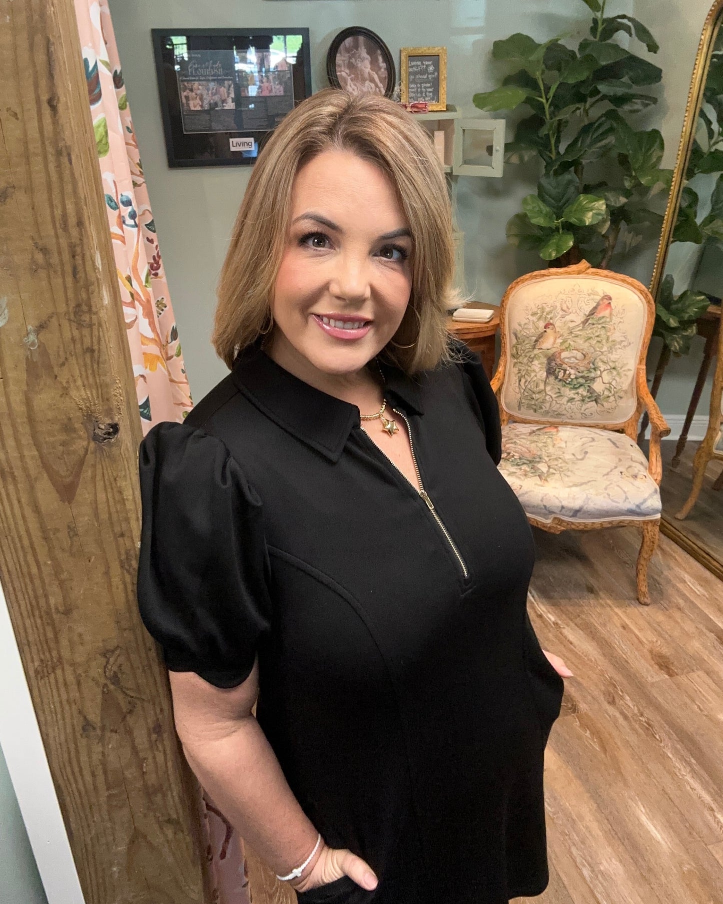 Scallop Sleeve Half Zip Shirt Dress