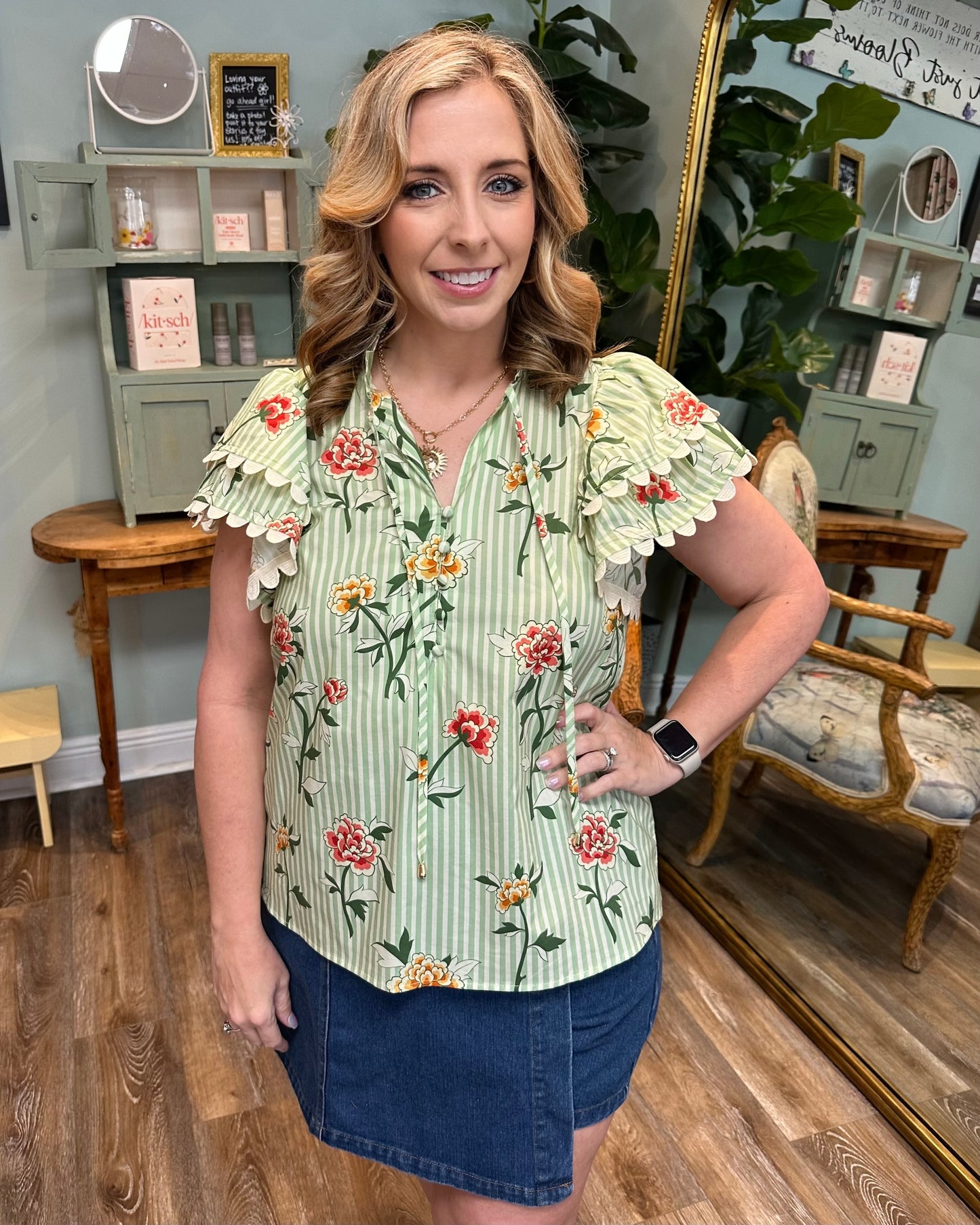 Green and Ivory Striped Flutter Sleeve