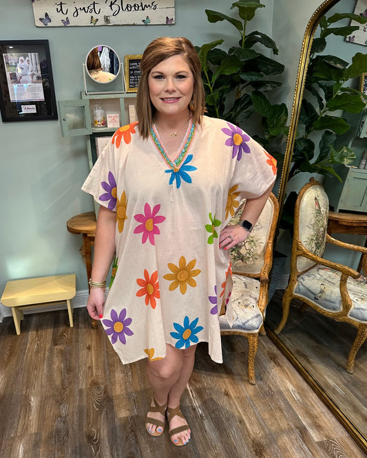 Cream Floral Pattern Dress with Beaded Neckline