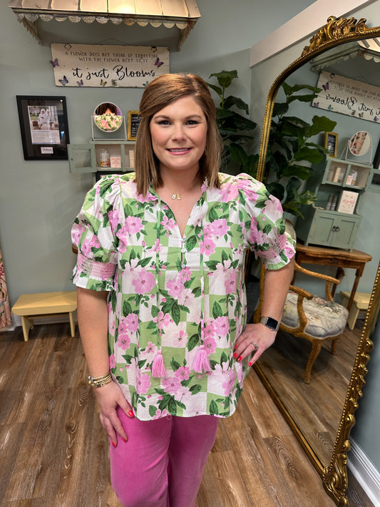 Pink and Green Floral Top with Tie Neck