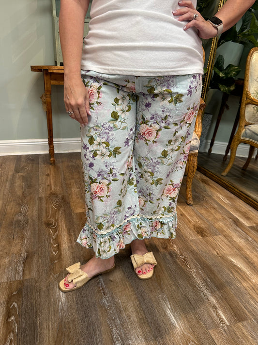Light Blue Floral Ruffle Pants